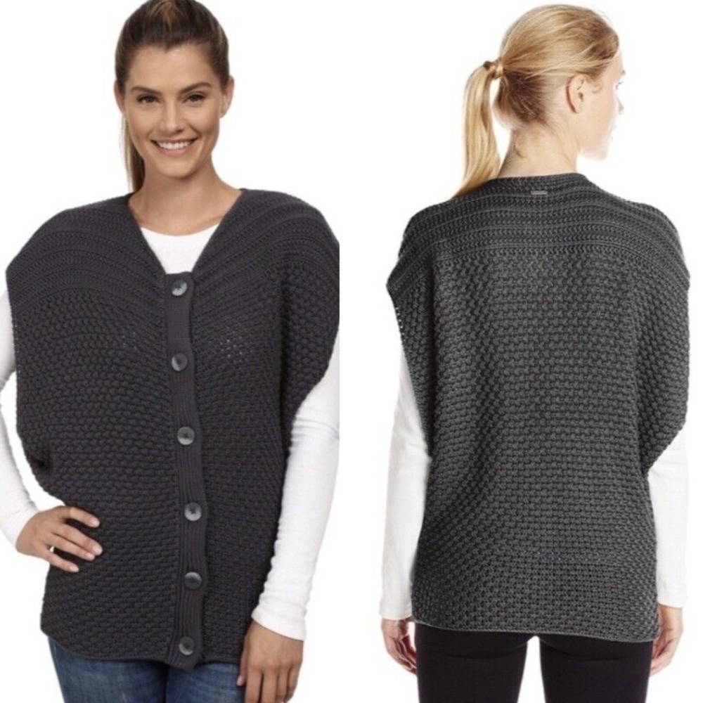 Prana Grey Chunky Knit 100% Organic Cotton Button-Up Estee Sweater Vest Layering